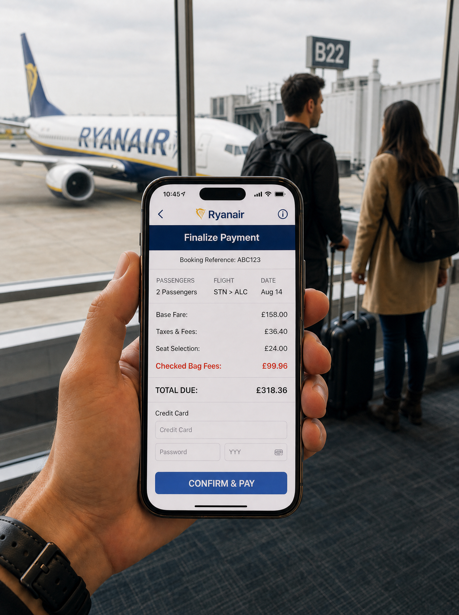 Ryanair app showing checked bag fees of £99.96 at the airport